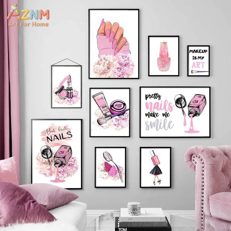 Beauty Of Makeup Quotes - AZNM Pink Nail Makeup Canvas Wall